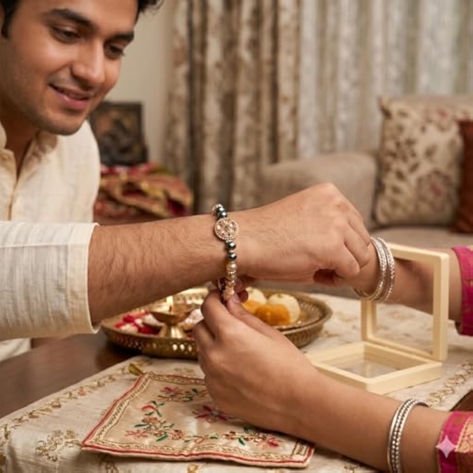 Bracelet Rakhi Combo with Pearl and Crystal Beads, Luxury Gift